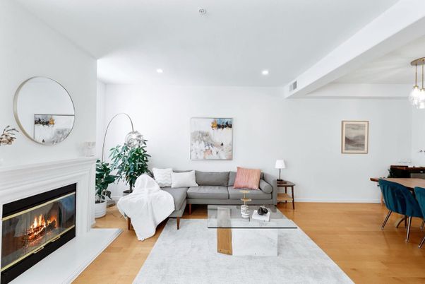 Fireplace, Interior, Living room, Pendant Lights, Recessed Lighting, Wood Texture Flooring