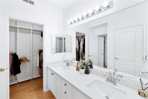 Bathroom, Dual Sink Vanities, Interior, Walk-in Closets, Wood Texture Flooring