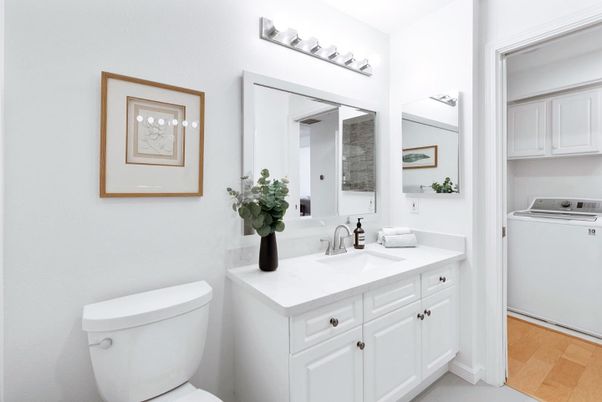 Bathroom, Interior, Washer, Wood Texture Flooring