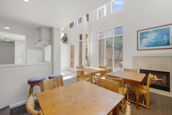 Dining room, Fireplace, Interior, Recessed Lighting, Wood Texture Flooring
