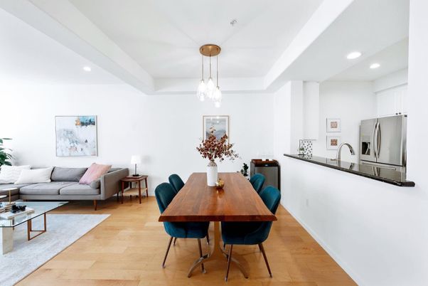 Dining room, Interior, Kitchen, Living room, Pendant Lights, Recessed Lighting, Stainless Steel Appliances, Wood Texture Flooring