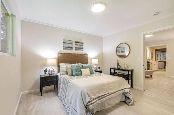 Bedroom, Interior, Recessed Lighting, Wood Texture Flooring