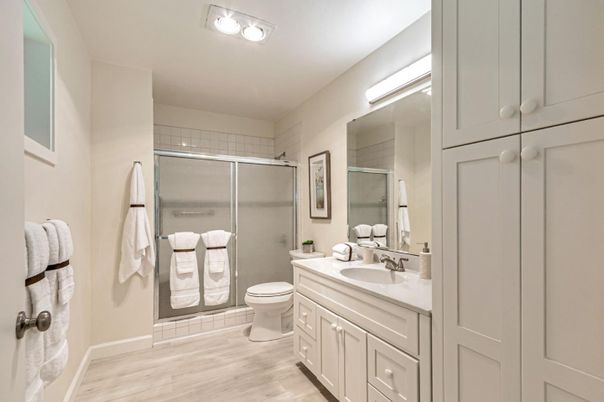 Bathroom, Glass Shower, Interior, Wood Texture Flooring