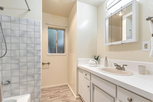Bathroom, Dual Sink Vanities, Interior, Tile Countertops, Wood Texture Flooring