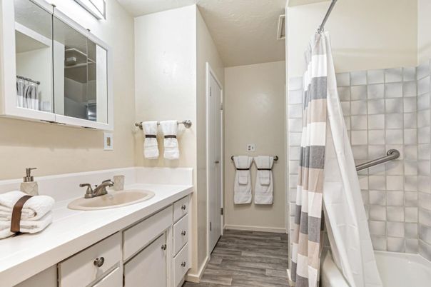 Bathroom, Dual Sink Vanities, Interior, Wood Texture Flooring