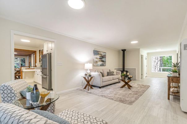 Fireplace, Interior, Kitchen, Living room, Recessed Lighting, Stainless Steel Appliances, Wood Texture Flooring