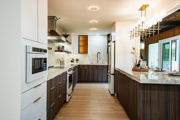 Interior, Kitchen, Pendant Lights, Recessed Lighting, Stainless Steel Appliances, Wood Texture Flooring