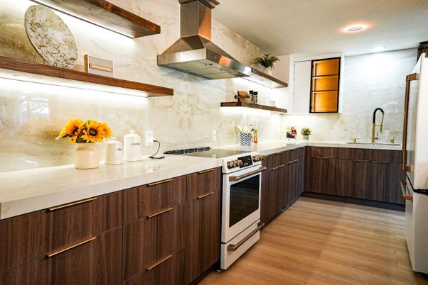 Interior, Kitchen, Marble Walls, Recessed Lighting, Stainless Steel Appliances, Wood Texture Flooring