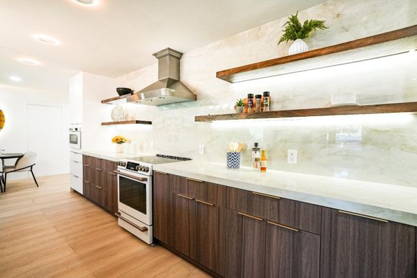 Interior, Kitchen, Recessed Lighting, Stainless Steel Appliances, Wood Texture Flooring