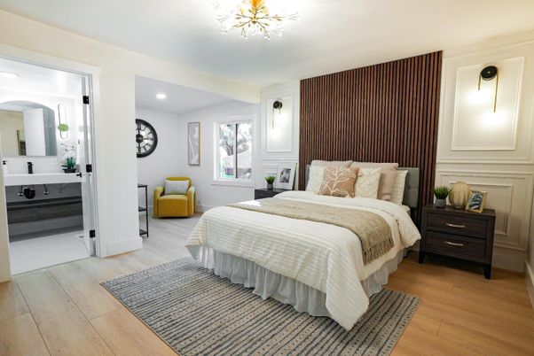 Bedroom, Interior, Recessed Lighting, Wood Texture Flooring