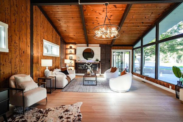 Chandelier, Fireplace, Interior, Living room, Wooden Beams, Wooden Ceilings, Wood Texture Flooring, Wooden Walls