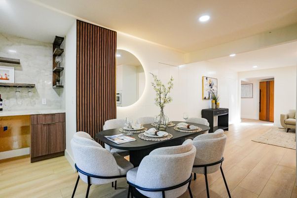 Dining room, Interior, Recessed Lighting, Wood Texture Flooring