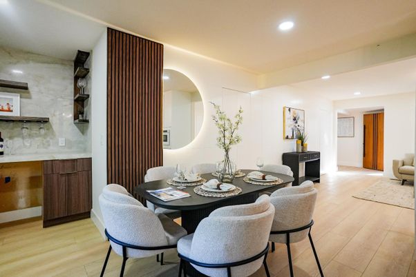 Dining room, Interior, Recessed Lighting, Wood Texture Flooring