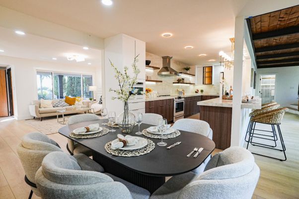 Dining room, Interior, Kitchen, Living room, Recessed Lighting, Stainless Steel Appliances, Wooden Beams, Wooden Ceilings, Wood Texture Flooring
