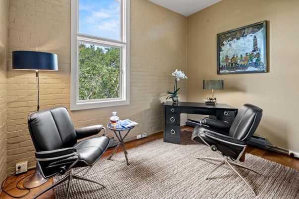 Home Office, Interior, Stone Walls, Wood Texture Flooring