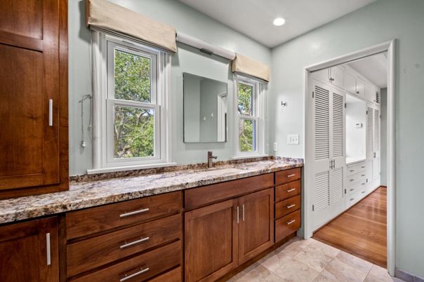 Bathroom, Dual Sink Vanities, Interior, Recessed Lighting, Wood Texture Flooring