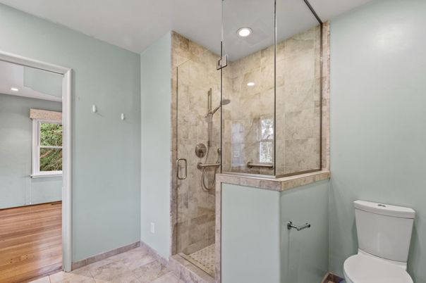 Bathroom, Glass Shower, Interior, Recessed Lighting, Wood Texture Flooring