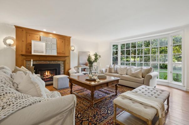 Fireplace, Interior, Living room, Recessed Lighting, Wood Texture Flooring