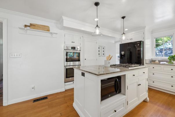Interior, Kitchen, Pendant Lights, Recessed Lighting, Stainless Steel Appliances, Wood Texture Flooring
