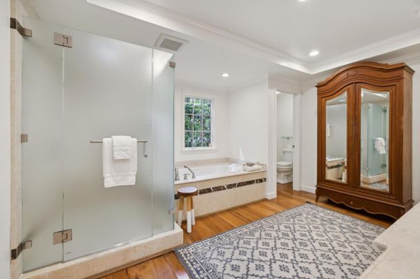 Bathroom, Glass Shower, Interior, Recessed Lighting, Wood Texture Flooring