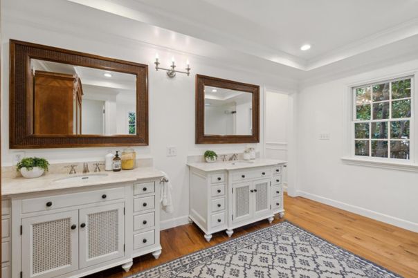 Bathroom, Dual Sink Vanities, Interior, Recessed Lighting, Wood Texture Flooring