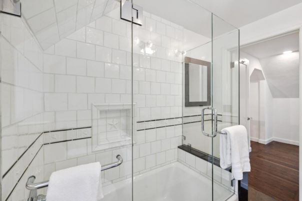 Bathroom, Glass Shower, Interior, Wood Texture Flooring