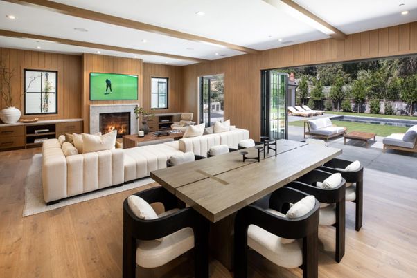 Dining room, Fireplace, Interior, Living room, Recessed Lighting, Wood Texture Flooring, Wooden Walls