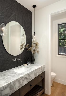 Bathroom, Interior, Pendant Lights, Wood Texture Flooring