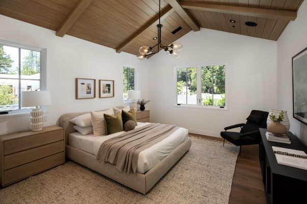 Bedroom, Interior, Pendant Lights, Wooden Beams, Wooden Ceilings, Wood Texture Flooring