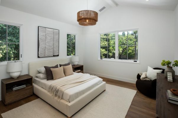 Bedroom, Interior, Pendant Lights, Wood Texture Flooring