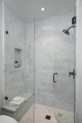 Bathroom, Glass Shower, Interior, Marble Walls, Recessed Lighting