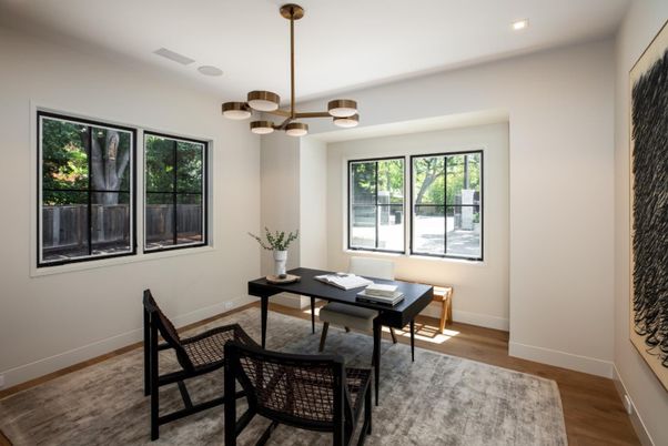 Home Office, Interior, Pendant Lights, Recessed Lighting, Wood Texture Flooring