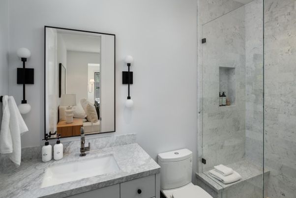 Bathroom, Glass Shower, Interior, Marble Walls