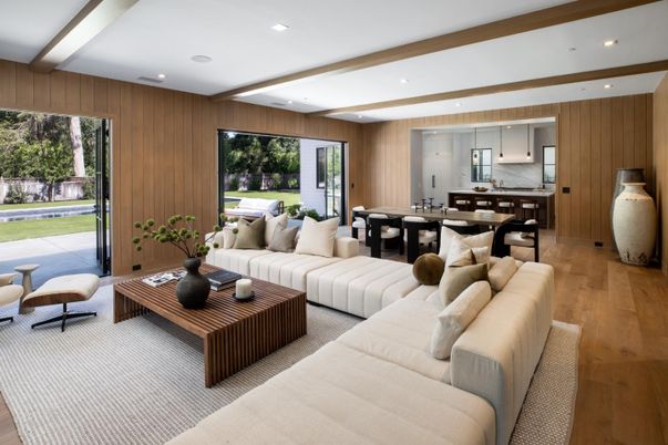 Dining room, Interior, Living room, Pendant Lights, Recessed Lighting, Wood Texture Flooring, Wooden Walls