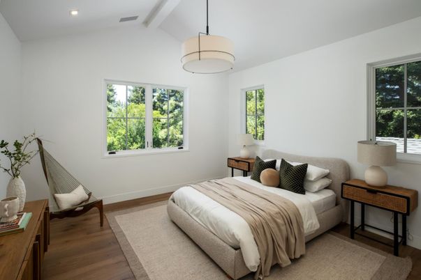 Bedroom, Interior, Pendant Lights, Recessed Lighting, Wood Texture Flooring