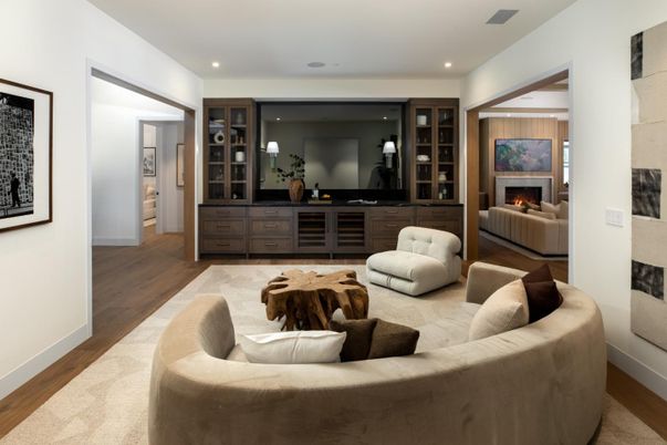 Fireplace, Interior, Living room, Recessed Lighting, Wood Texture Flooring