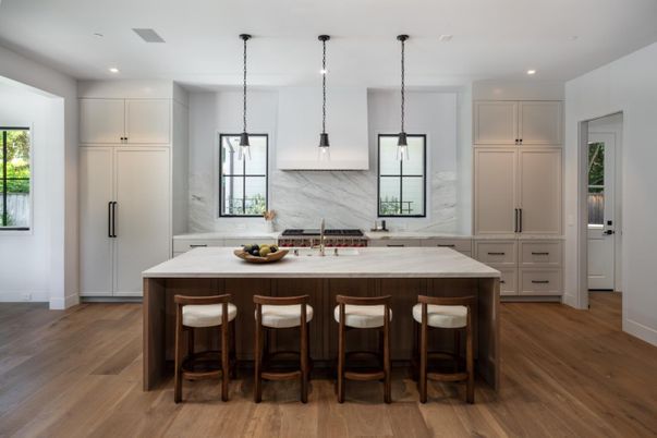 Interior, Kitchen, Marble Walls, Pendant Lights, Recessed Lighting, Wood Texture Flooring