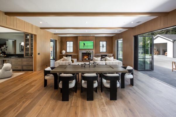 Dining room, Fireplace, Interior, Living room, Recessed Lighting, Wooden Beams, Wood Texture Flooring, Wooden Walls