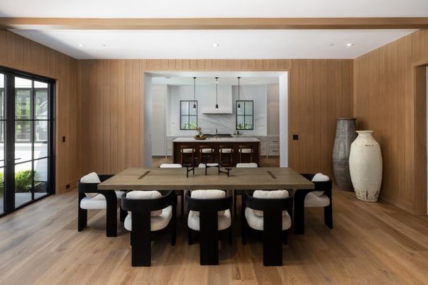Dining room, Interior, Kitchen, Pendant Lights, Recessed Lighting, Wood Texture Flooring