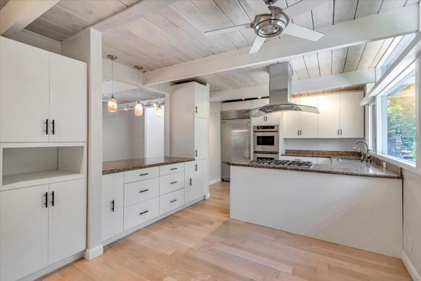 Interior, Kitchen, Pendant Lights, Stainless Steel Appliances, Wooden Ceilings, Wood Texture Flooring