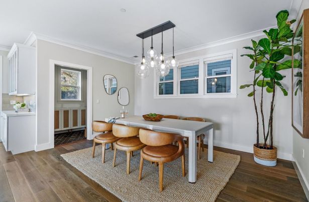 Dining room, Interior, Pendant Lights, Wood Texture Flooring