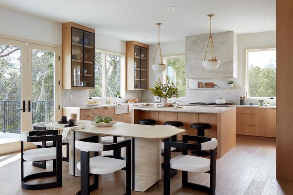 Dining room, Interior, Kitchen, Pendant Lights, Recessed Lighting, Wood Texture Flooring