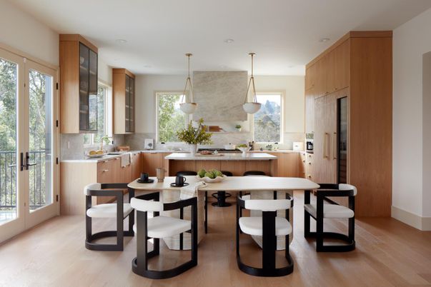 Dining room, Interior, Kitchen, Pendant Lights, Recessed Lighting, Wood Texture Flooring