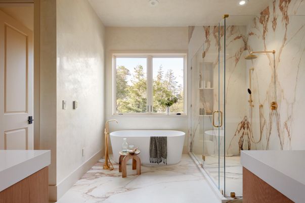 Bathroom, Free Standing Baths, Glass Shower, Interior, Marble, Marble Walls, Recessed Lighting