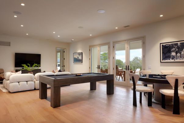 Billiard Table, Dining room, Game Room, Interior, Living room, Recessed Lighting, Wood Texture Flooring