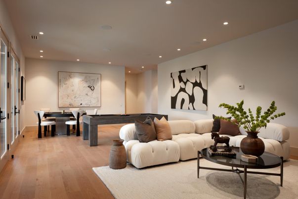 Dining room, Interior, Living room, Recessed Lighting, Wood Texture Flooring