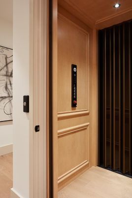 Elevator, Interior, Recessed Lighting, Wooden Ceilings, Wood Texture Flooring, Wooden Walls