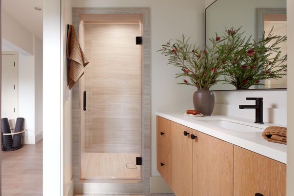 Bathroom, Glass Shower, Interior, Wood Texture Flooring