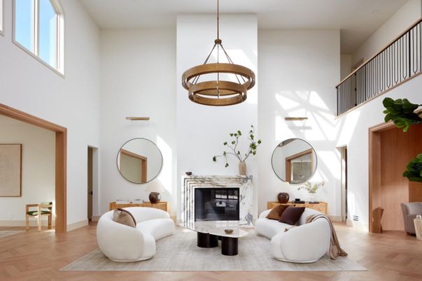 Fireplace, Interior, Living room, Pendant Lights, Wood Texture Flooring