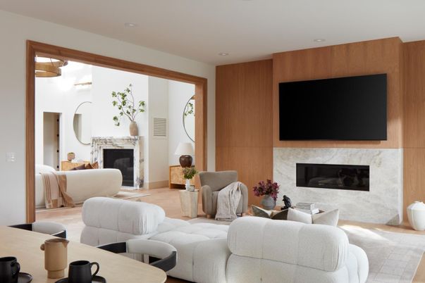 Fireplace, Interior, Living room, Recessed Lighting, Wood Texture Flooring, Wooden Walls